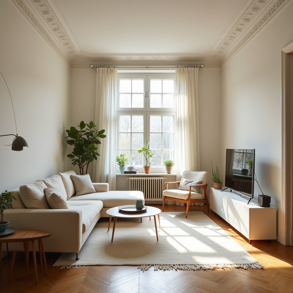 Heller, renovierter Innenraum einer Altbauwohnung mit hohen Fenstern