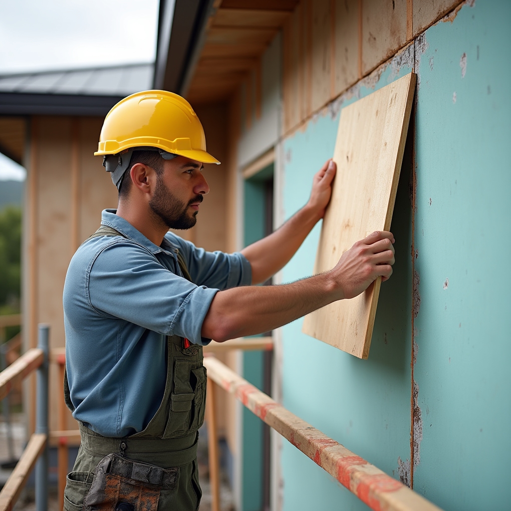 Handwerker bringt Dämmplatten an einer Hausfassade an, Ansicht von schräg oben