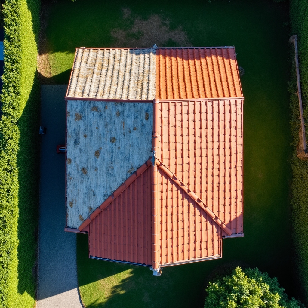 Einfamilienhaus mit gedämmtem Dach aus der Vogelperspektive, umgeben von einem gepflegten Garten
