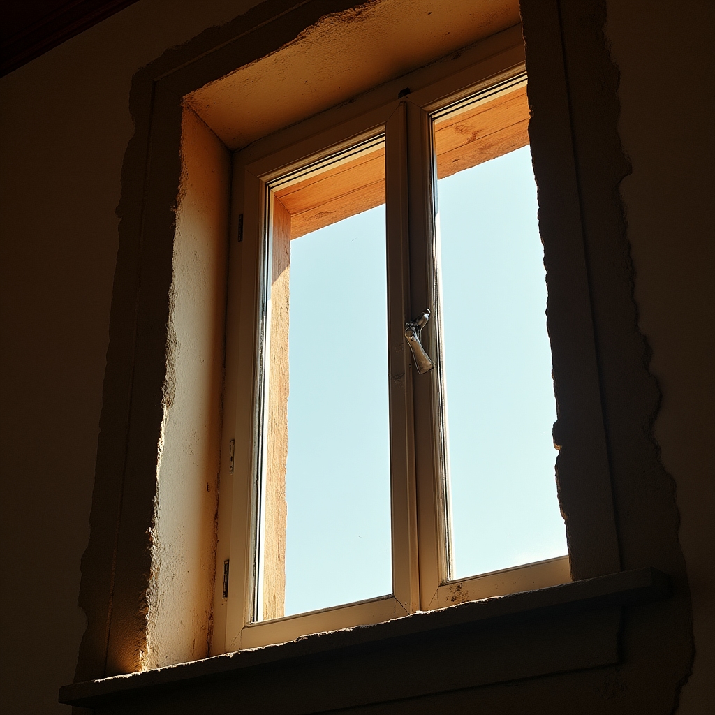 Austausch alter Holzfenster gegen neue Fenster in einem Altbau, Detailansicht der Fensterlaibung