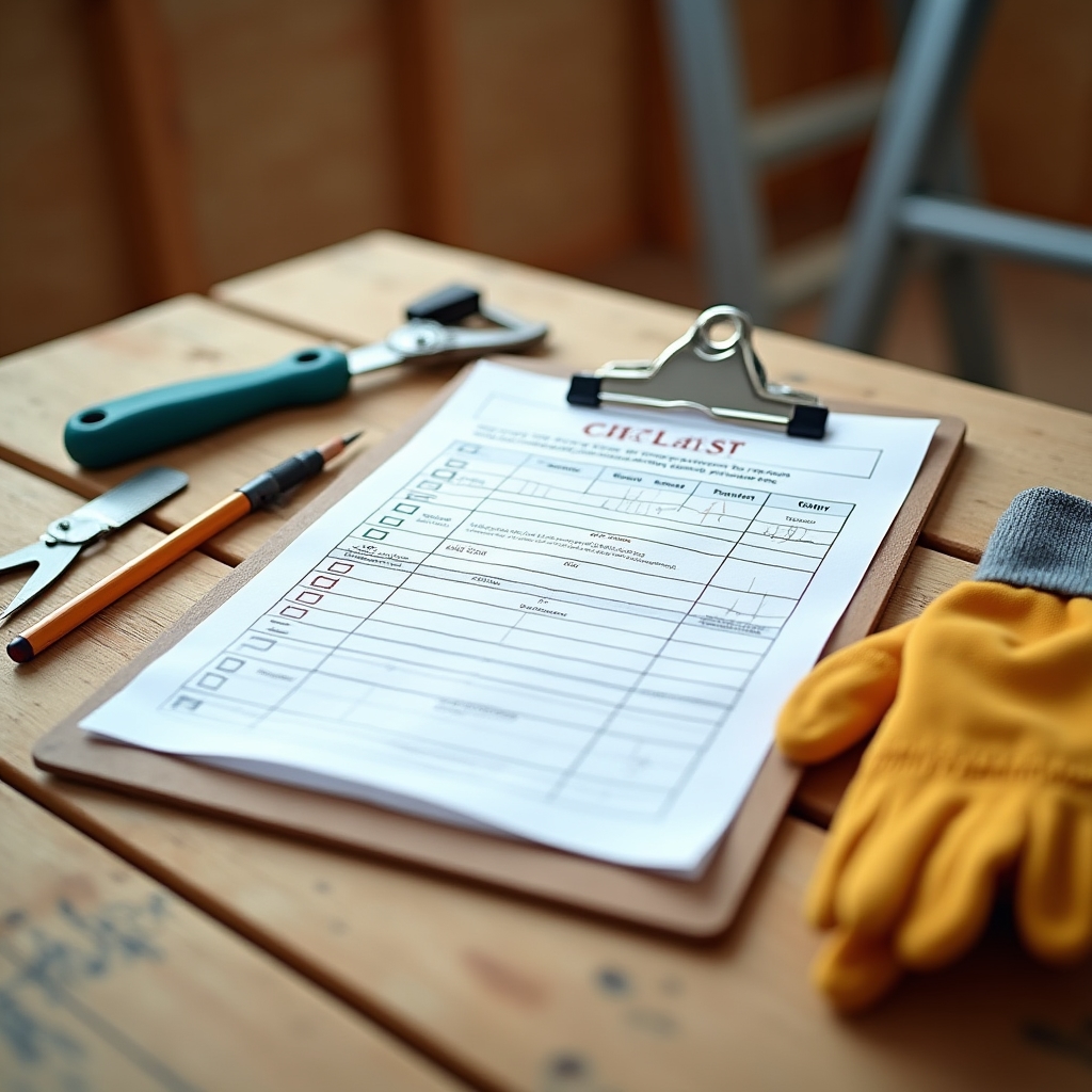 Klemmbrett mit Checkliste liegt auf einer Baustelle neben Werkzeug, Nahaufnahme von oben