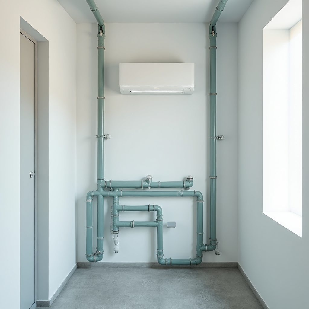 Technikraum mit moderner Wärmepumpe und Rohrleitungen, fotografiert aus erhöhtem Blickwinkel