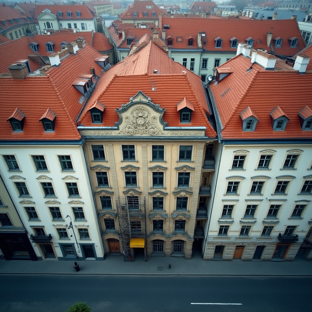 Fassade eines sanierten Altbaus in einer österreichischen Stadt aus der Vogelperspektive